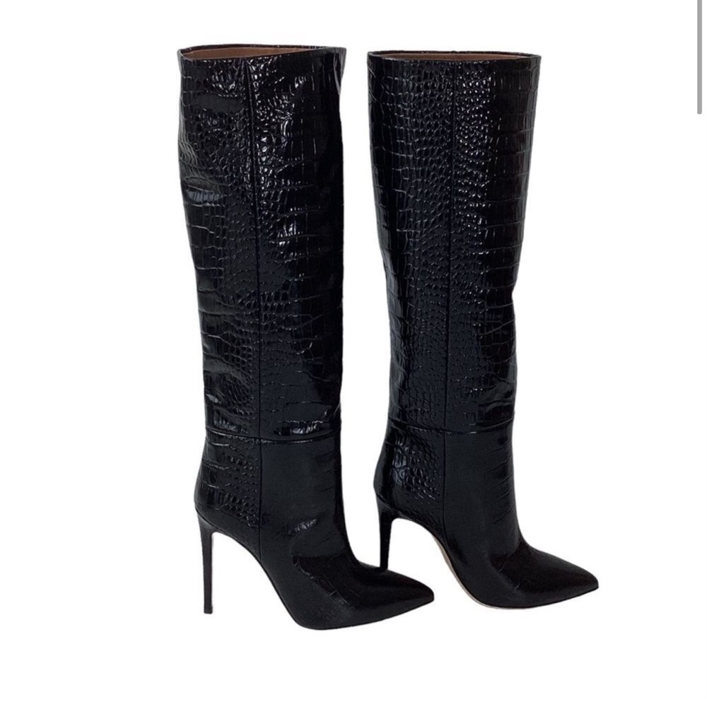 PARIS TEXAS Size 37.5 Embossed Crocodile Stiletto Boots Croco Black Leather Heel - Picture 2 of 9